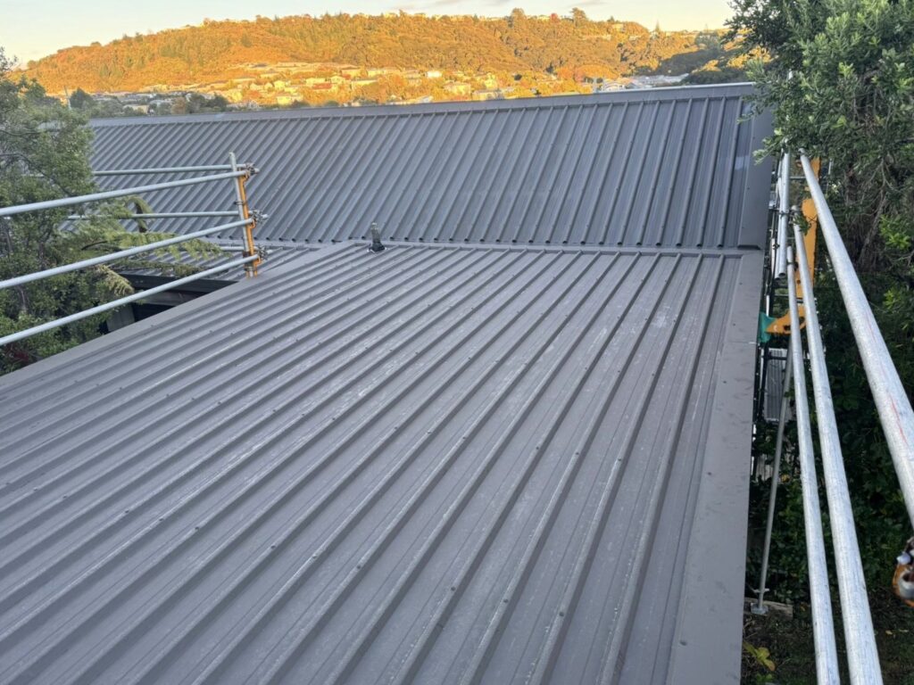 Dark long-run metal roof surrounded by scaffold access on a tree-lined Wellington hillside property
