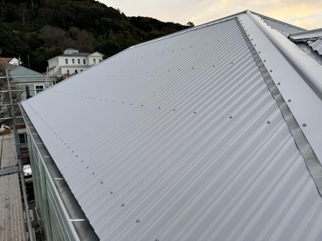 Broad plane of newly installed light-coloured corrugated metal roofing on a Wellington home